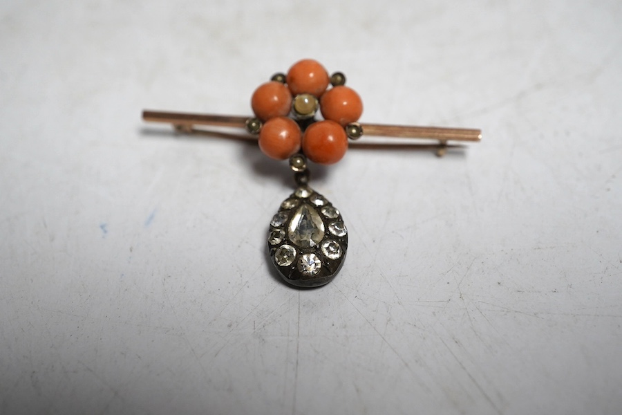 A Victorian coral, paste and seed pearl bar brooch, unmarked. Condition - some wear to the stones, otherwise fair